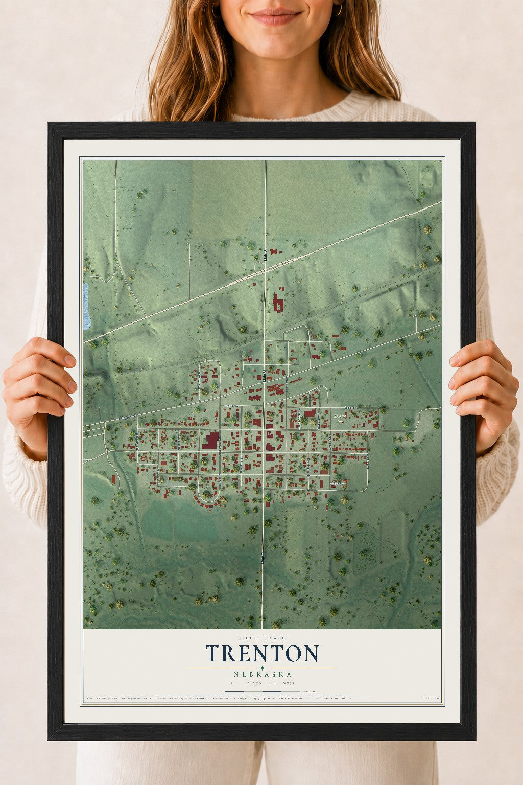 Map of Trenton, Nebraska, 18 x 24 inch print in a black wood frame