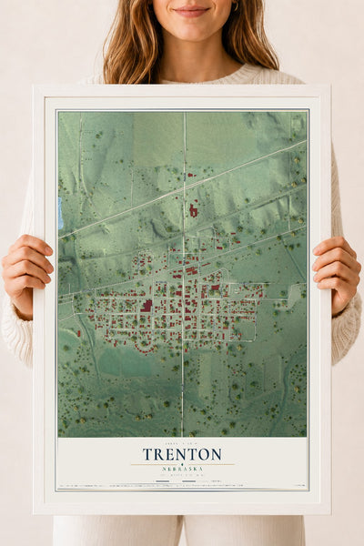 Map of Trenton, Nebraska, 18 x 24 inch print in a white wood frame