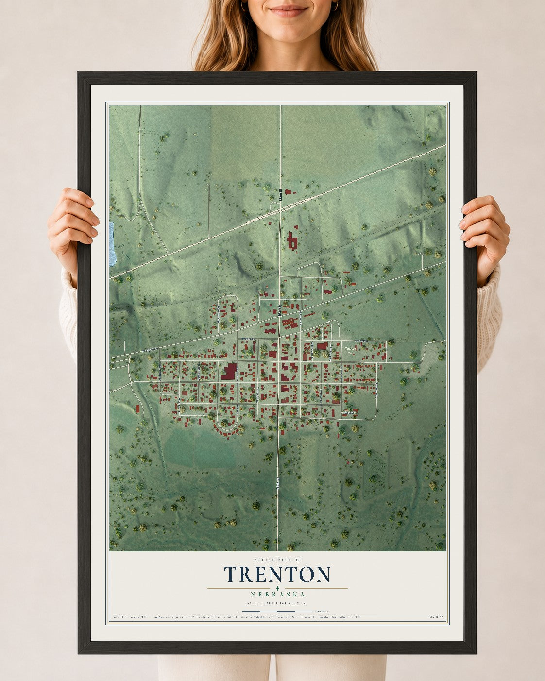 Map of Trenton, Nebraska, 24 x 36 inch print in a black wood frame