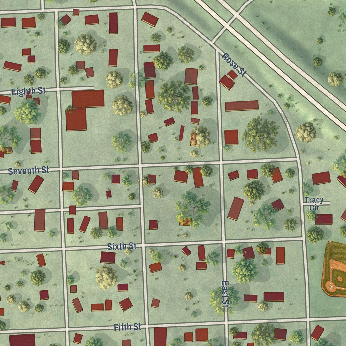 Close-up of the map of Unadilla, Nebraska print showing street and building detail