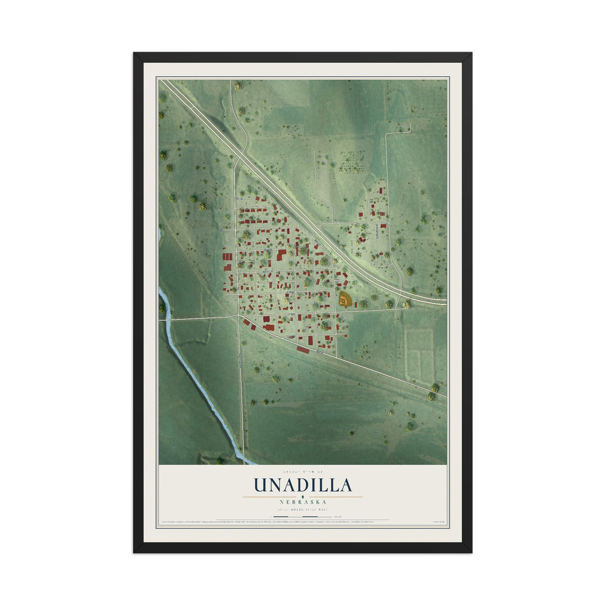 Map of Unadilla, Nebraska, 12 x 18 inch print in a black wood frame