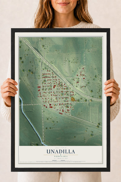 Map of Unadilla, Nebraska, 18 x 24 inch print in a black wood frame