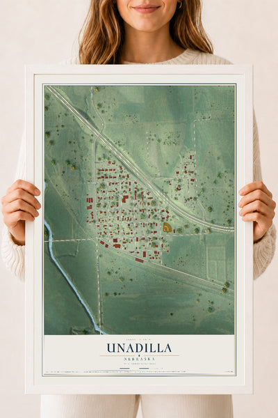 Map of Unadilla, Nebraska, 18 x 24 inch print in a white wood frame