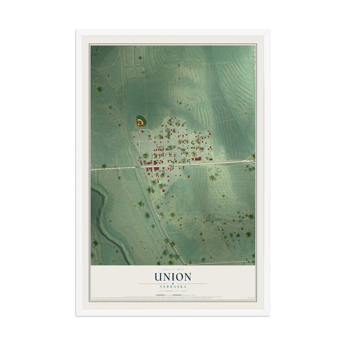 Map of Union, Nebraska, 12 x 18 inch print in a white wood frame