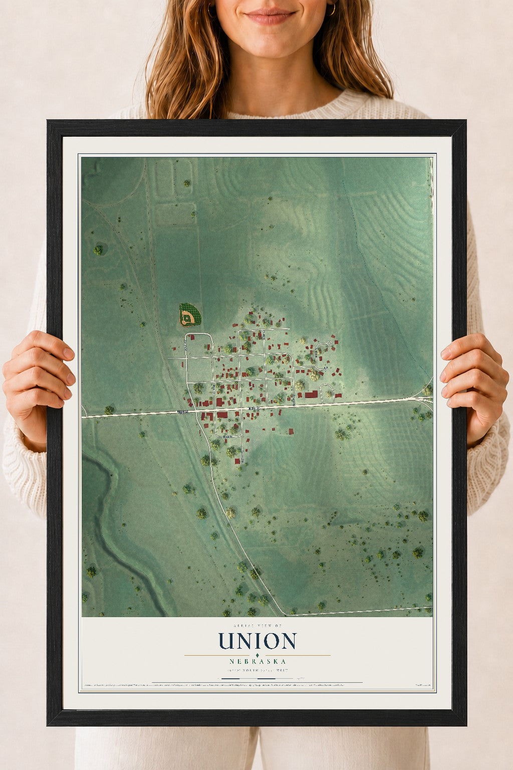 Map of Union, Nebraska, 18 x 24 inch print in a black wood frame