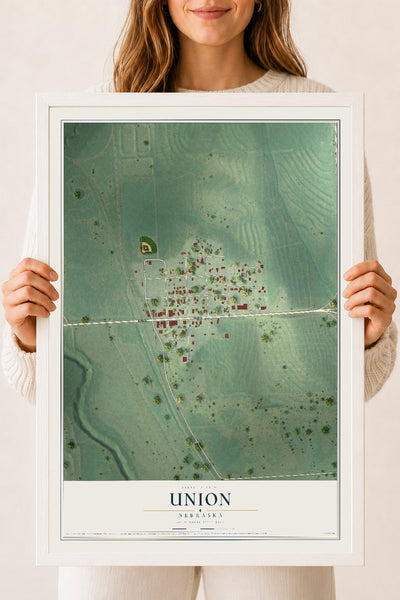 Map of Union, Nebraska, 18 x 24 inch print in a white wood frame