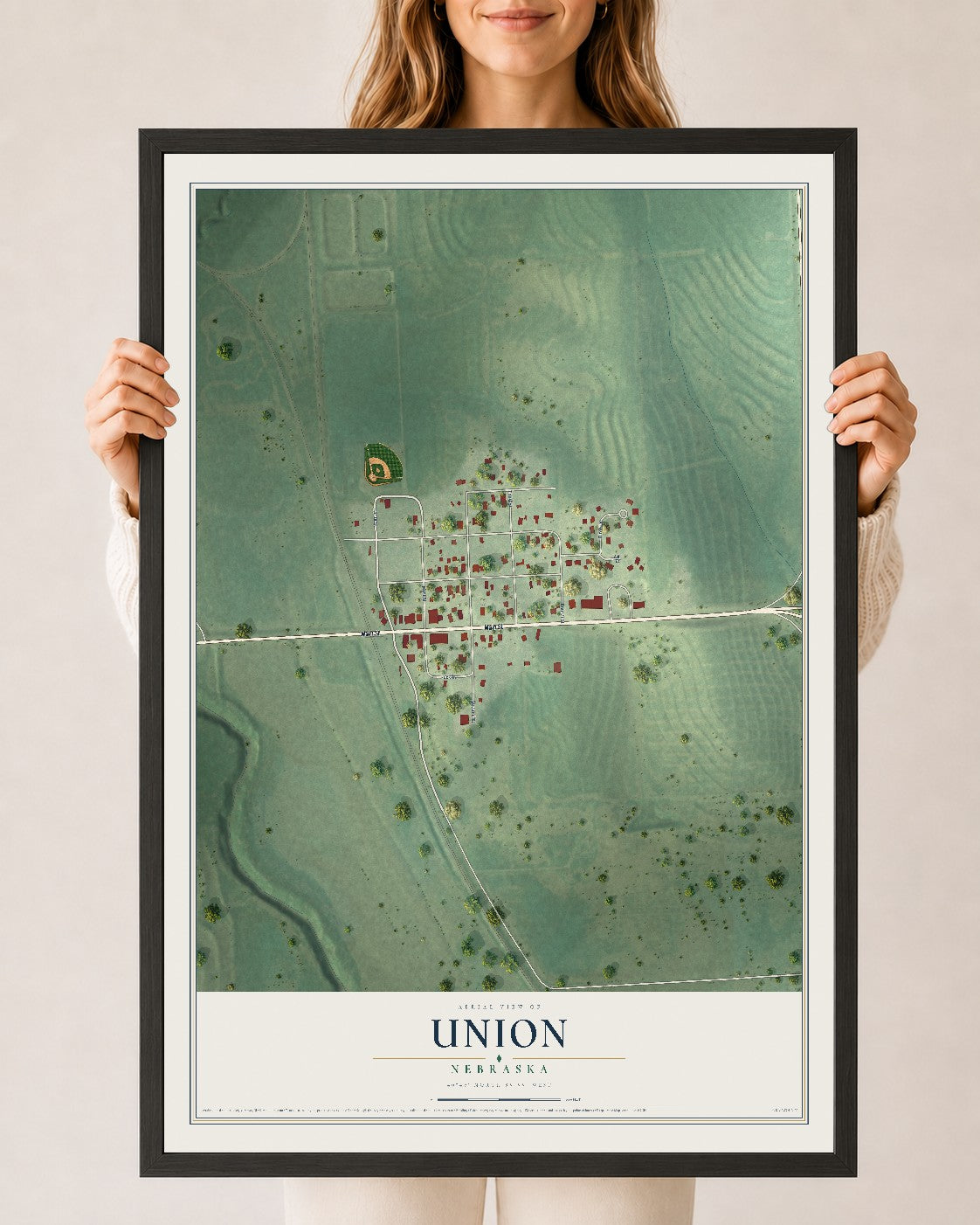 Map of Union, Nebraska, 24 x 36 inch print in a black wood frame