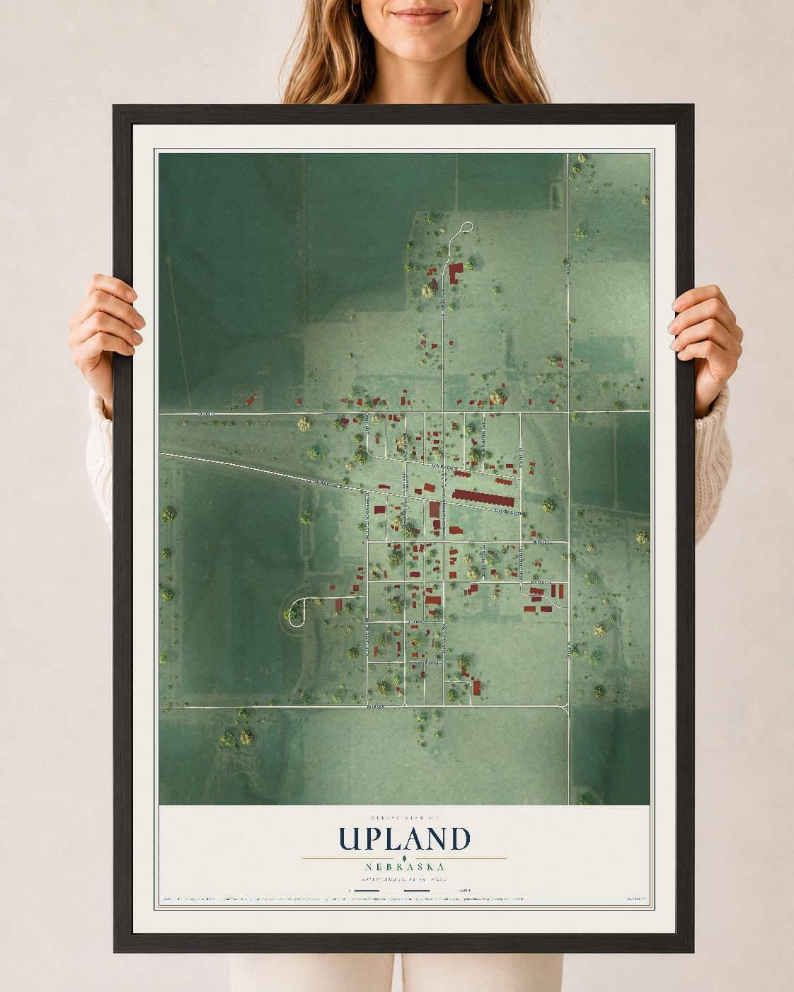 Map of Upland, Nebraska, 24 x 36 inch print in a black wood frame