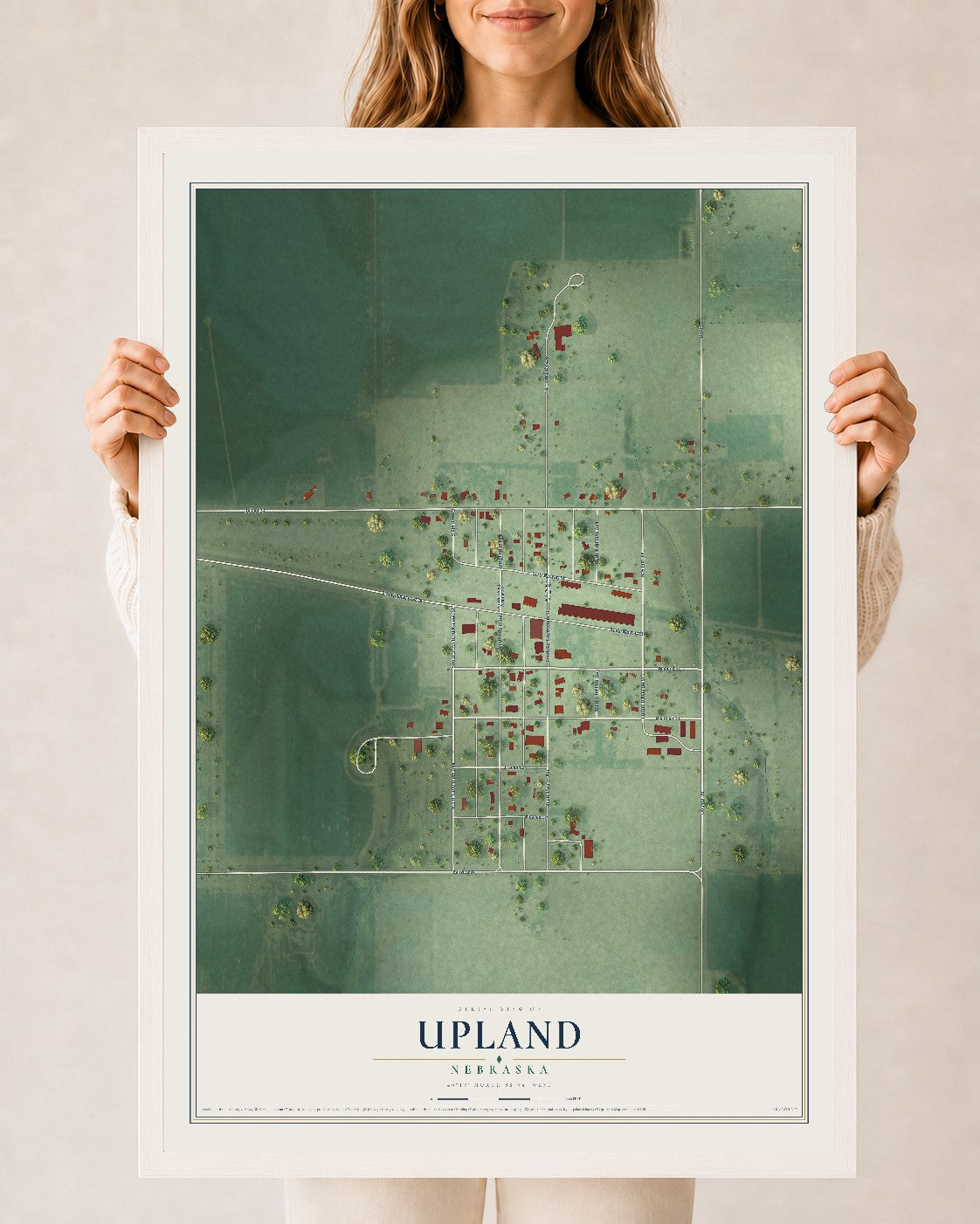 Map of Upland, Nebraska, 24 x 36 inch print in a white wood frame