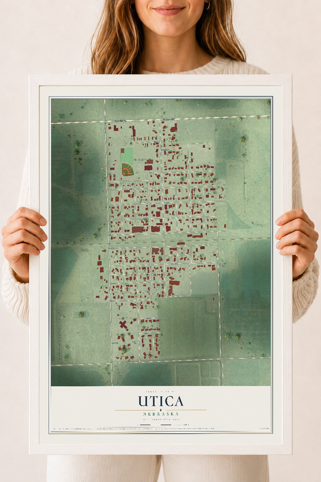 Map of Utica, Nebraska, 18 x 24 inch print in a white wood frame