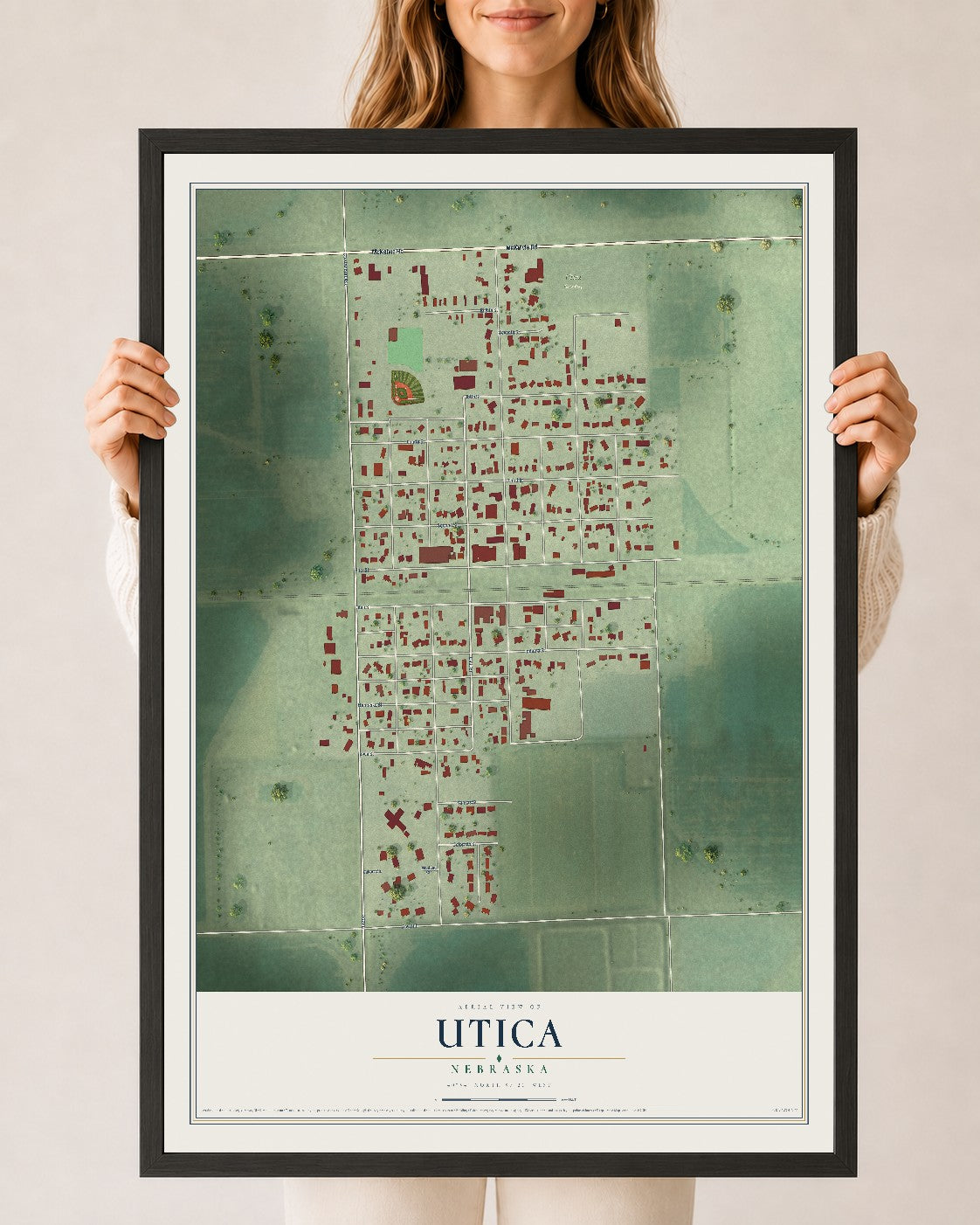 Map of Utica, Nebraska, 24 x 36 inch print in a black wood frame