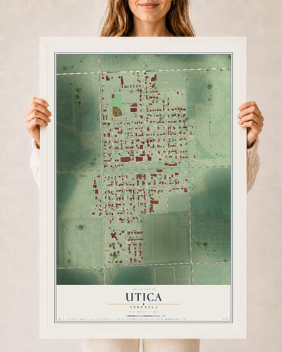 Map of Utica, Nebraska, 24 x 36 inch print in a white wood frame