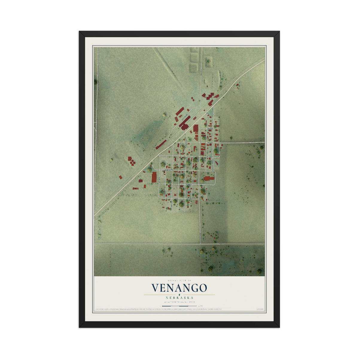 Map of Venango, Nebraska, 12 x 18 inch print in a black wood frame