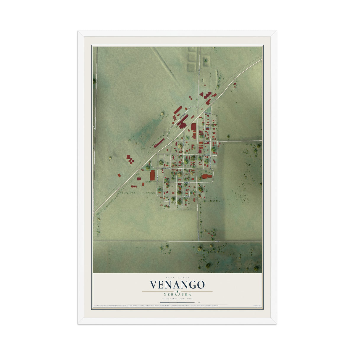 Map of Venango, Nebraska, 12 x 18 inch print in a white wood frame