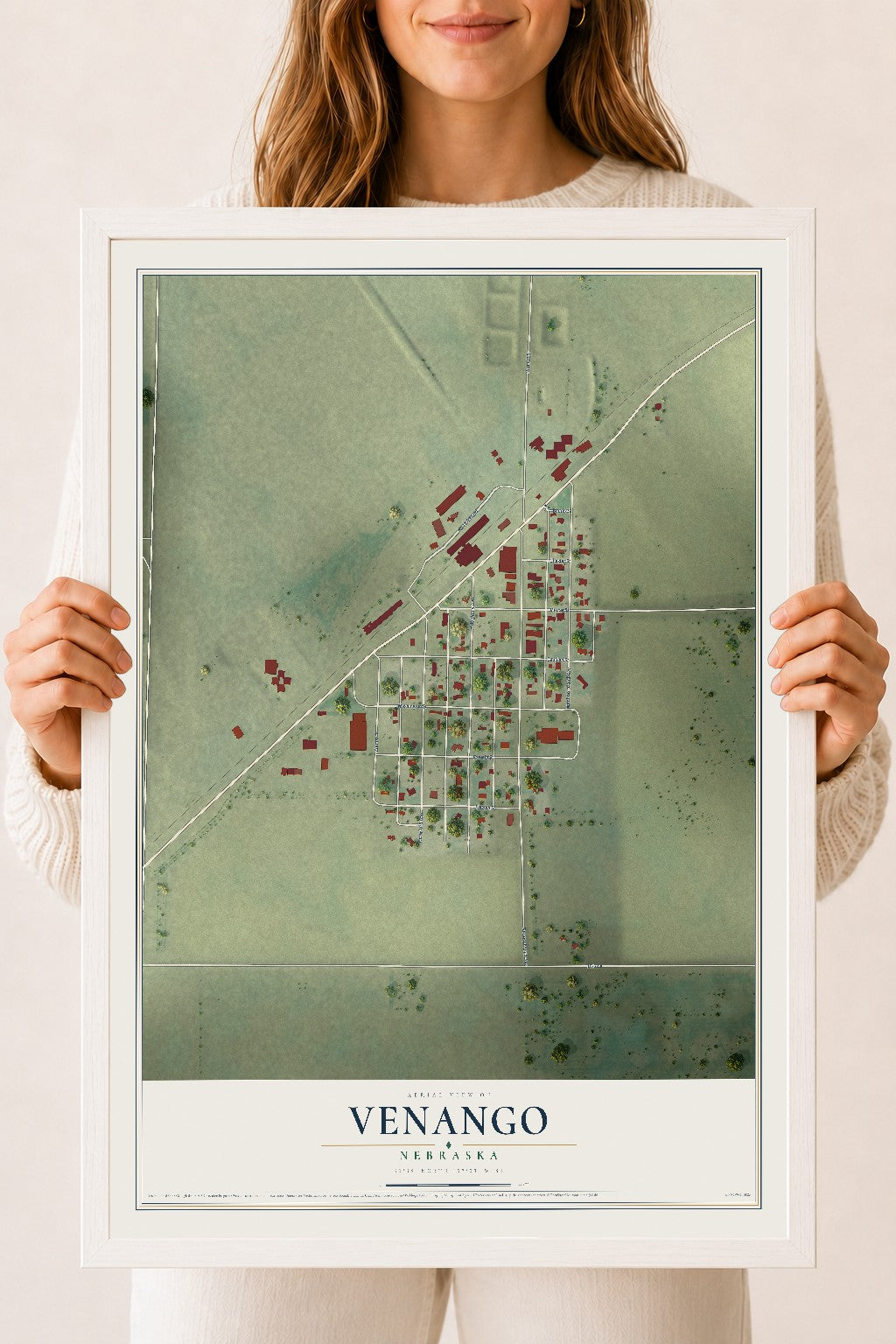 Map of Venango, Nebraska, 18 x 24 inch print in a white wood frame