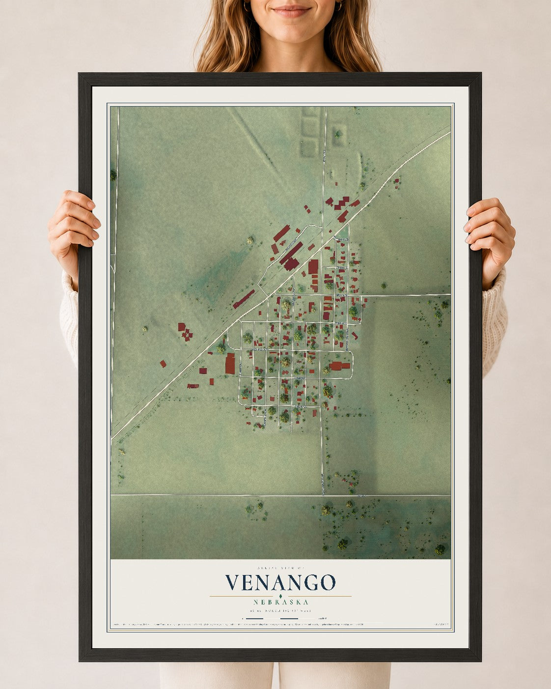 Map of Venango, Nebraska, 24 x 36 inch print in a black wood frame