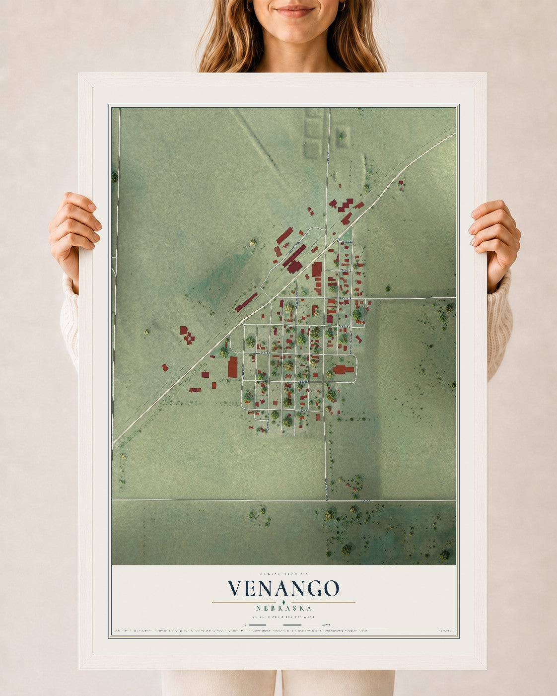 Map of Venango, Nebraska, 24 x 36 inch print in a white wood frame