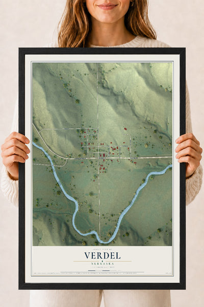 Map of Verdel, Nebraska, 18 x 24 inch print in a black wood frame