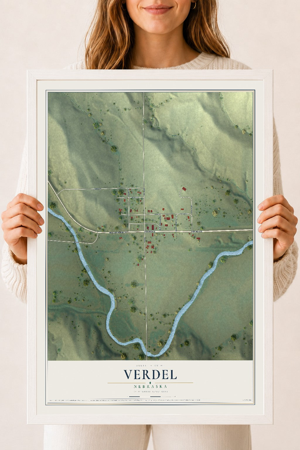 Map of Verdel, Nebraska, 18 x 24 inch print in a white wood frame