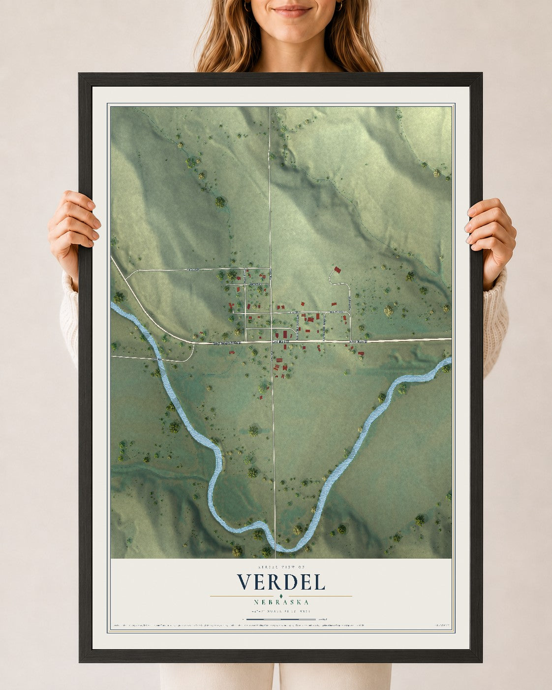 Map of Verdel, Nebraska, 24 x 36 inch print in a black wood frame