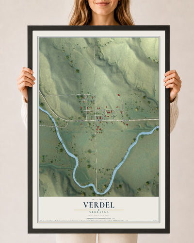 Map of Verdel, Nebraska, 24 x 36 inch print in a black wood frame