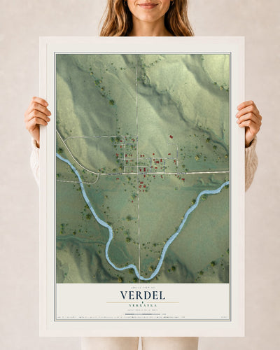 Map of Verdel, Nebraska, 24 x 36 inch print in a white wood frame