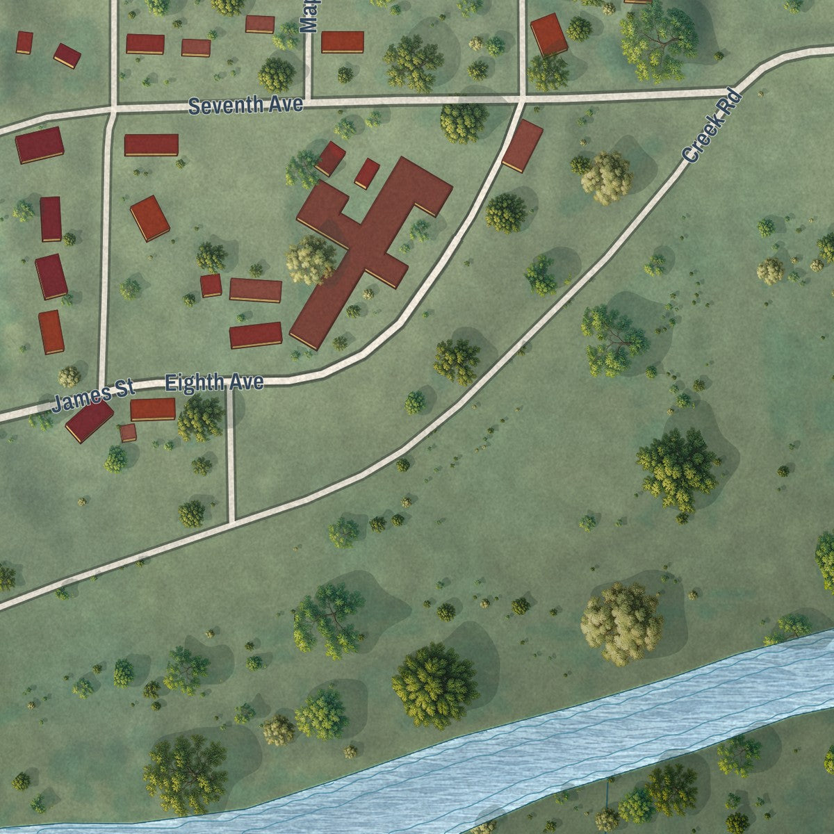 Second close-up of the map of Verdigre, Nebraska print showing more streets and buildings
