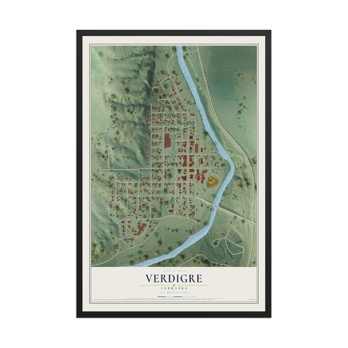 Map of Verdigre, Nebraska, 12 x 18 inch print in a black wood frame