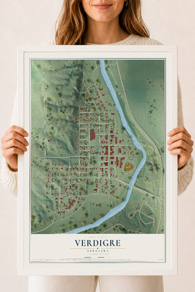 Map of Verdigre, Nebraska, 18 x 24 inch print in a white wood frame