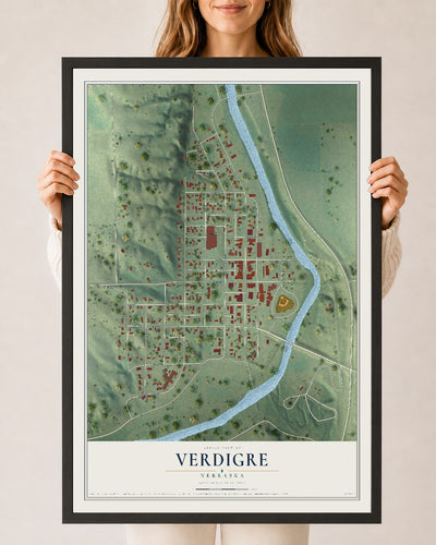 Map of Verdigre, Nebraska, 24 x 36 inch print in a black wood frame