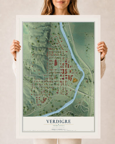 Map of Verdigre, Nebraska, 24 x 36 inch print in a white wood frame