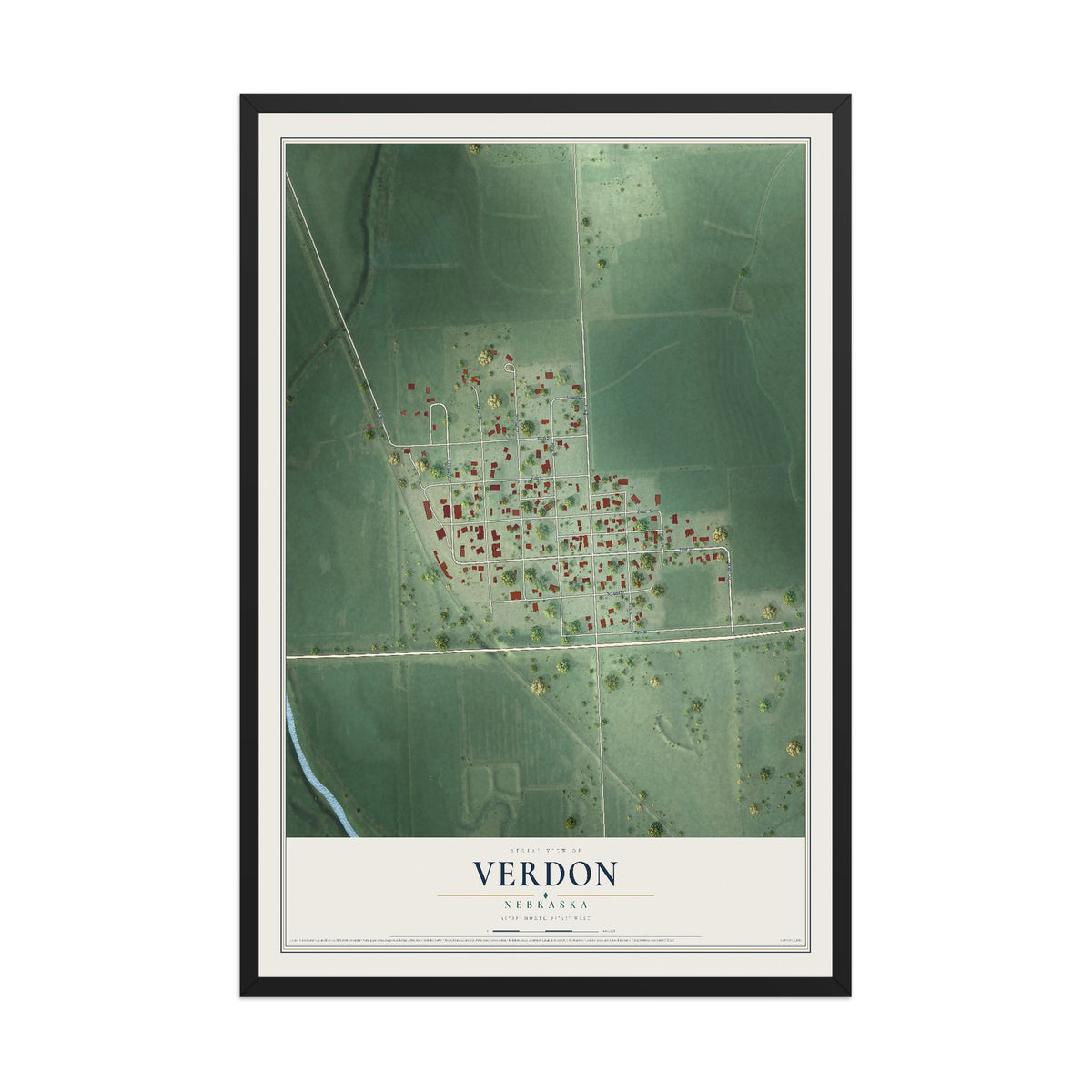 Map of Verdon, Nebraska, 12 x 18 inch print in a black wood frame