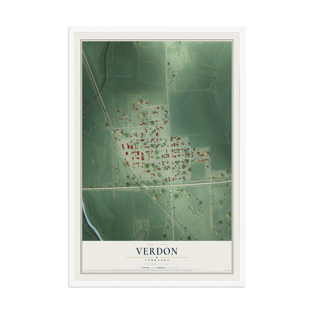 Map of Verdon, Nebraska, 12 x 18 inch print in a white wood frame