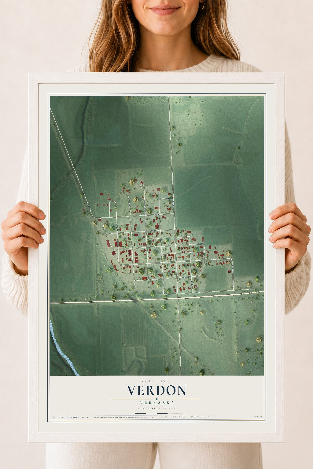 Map of Verdon, Nebraska, 18 x 24 inch print in a white wood frame
