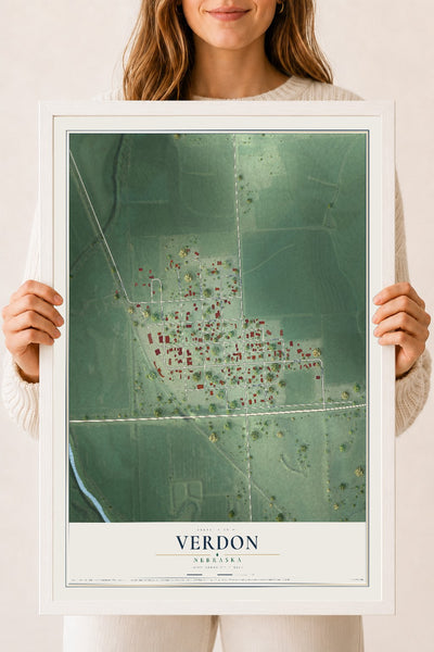 Map of Verdon, Nebraska, 18 x 24 inch print in a white wood frame