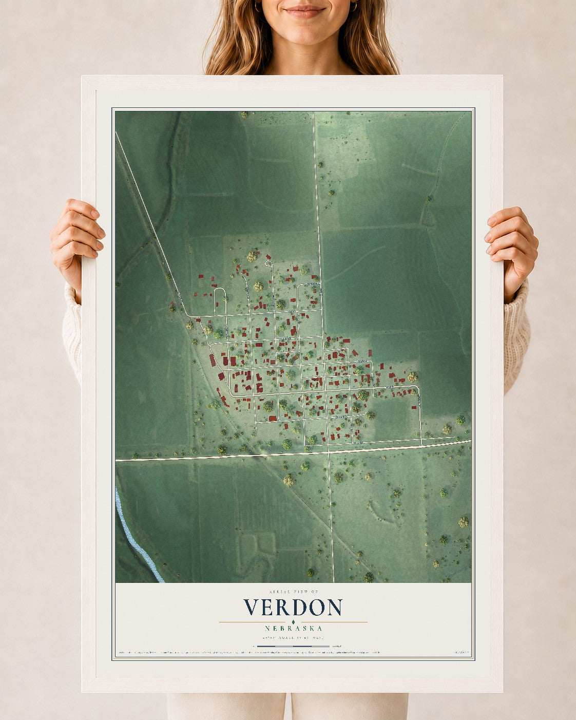 Map of Verdon, Nebraska, 24 x 36 inch print in a white wood frame
