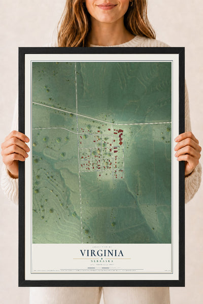 Map of Virginia, Nebraska, 18 x 24 inch print in a black wood frame