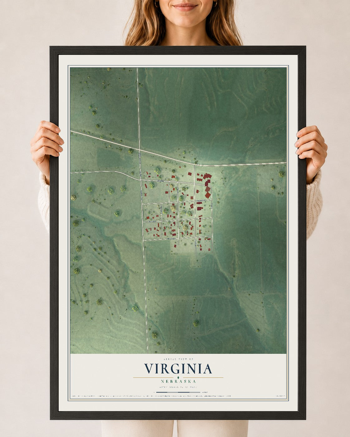 Map of Virginia, Nebraska, 24 x 36 inch print in a black wood frame