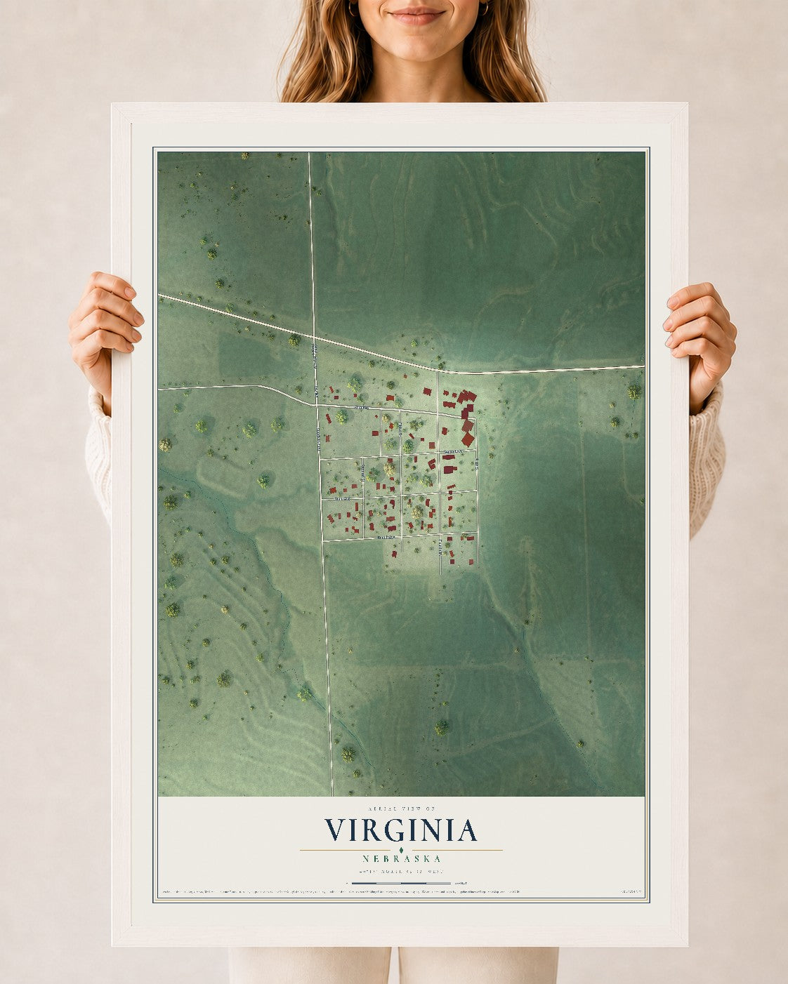 Map of Virginia, Nebraska, 24 x 36 inch print in a white wood frame