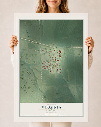 Map of Virginia, Nebraska, 24 x 36 inch print in a white wood frame