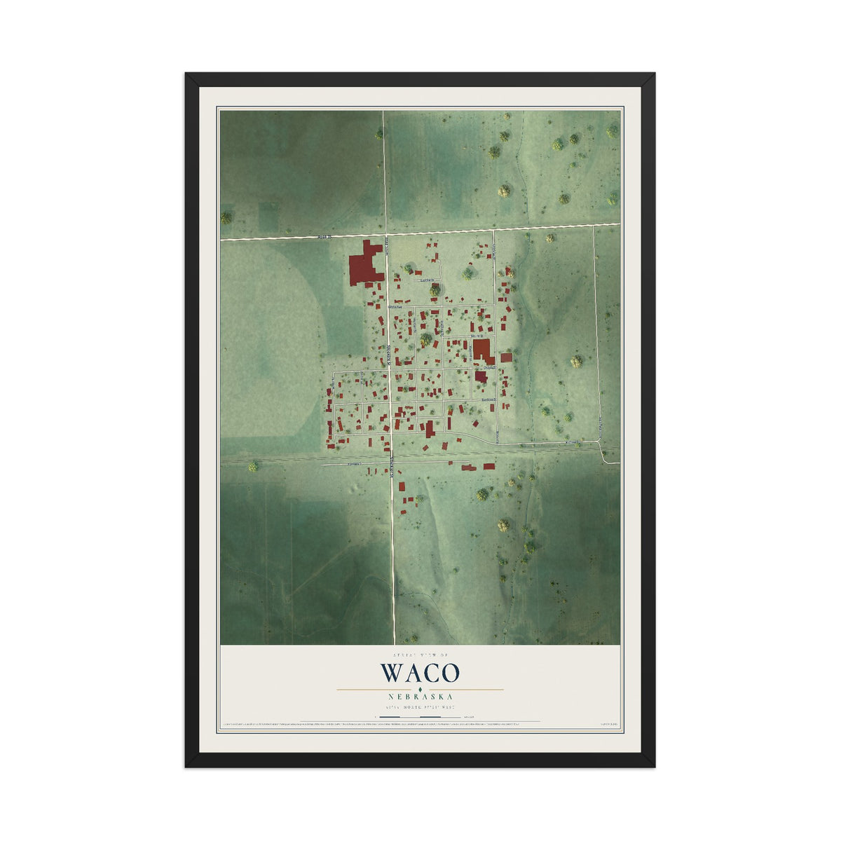 Map of Waco, Nebraska, 12 x 18 inch print in a black wood frame