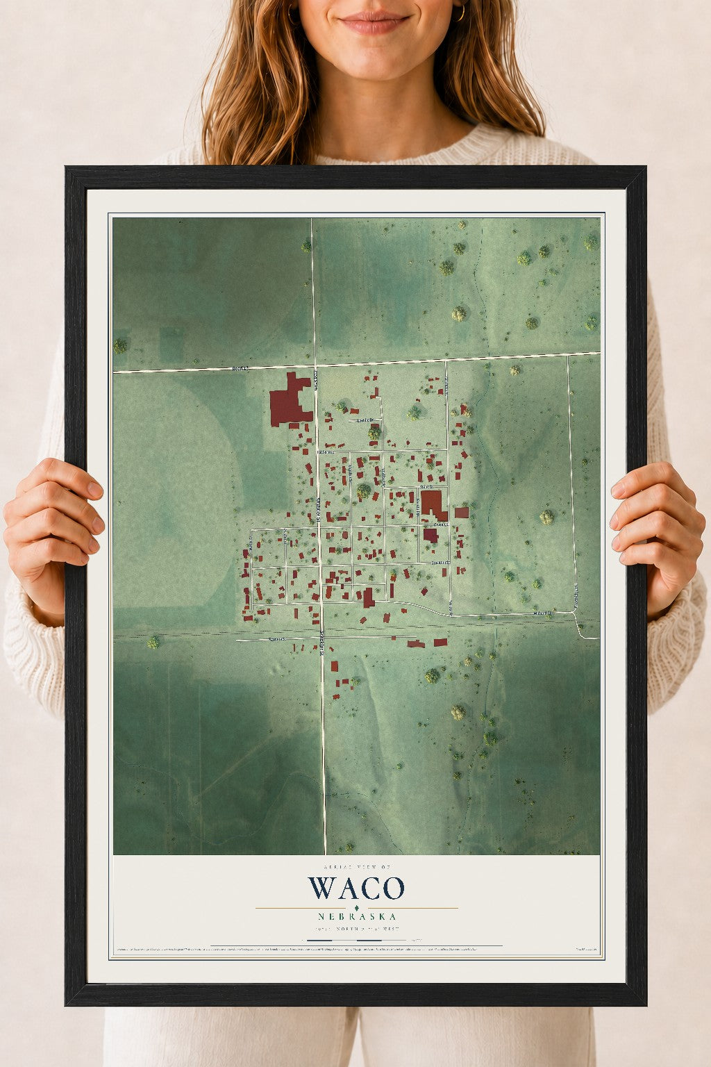 Map of Waco, Nebraska, 18 x 24 inch print in a black wood frame