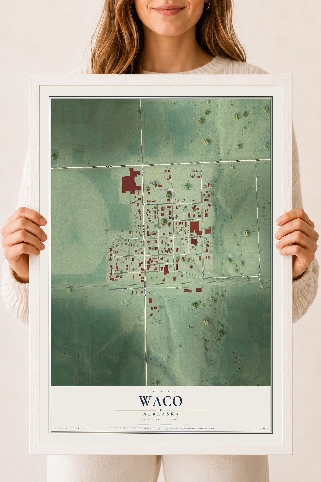 Map of Waco, Nebraska, 18 x 24 inch print in a white wood frame