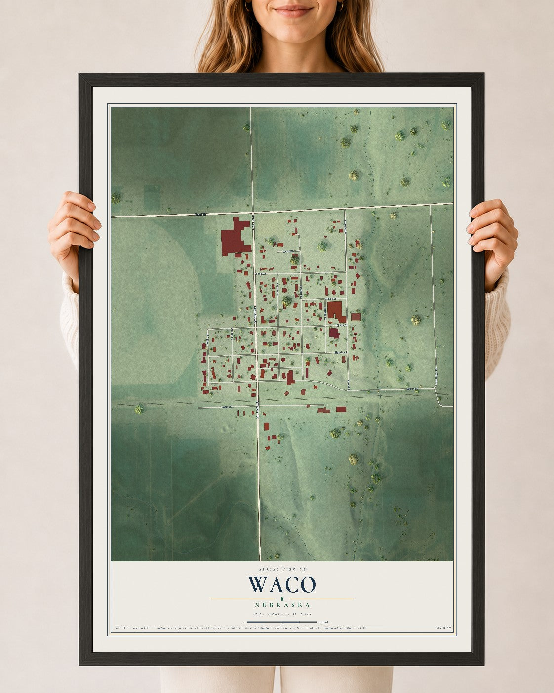 Map of Waco, Nebraska, 24 x 36 inch print in a black wood frame