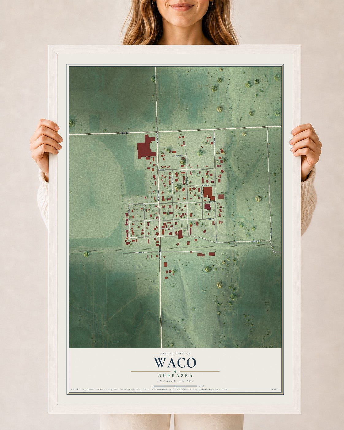 Map of Waco, Nebraska, 24 x 36 inch print in a white wood frame