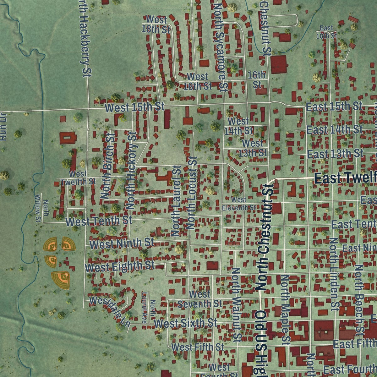 Close-up of the map of Wahoo, Nebraska print showing street and building detail