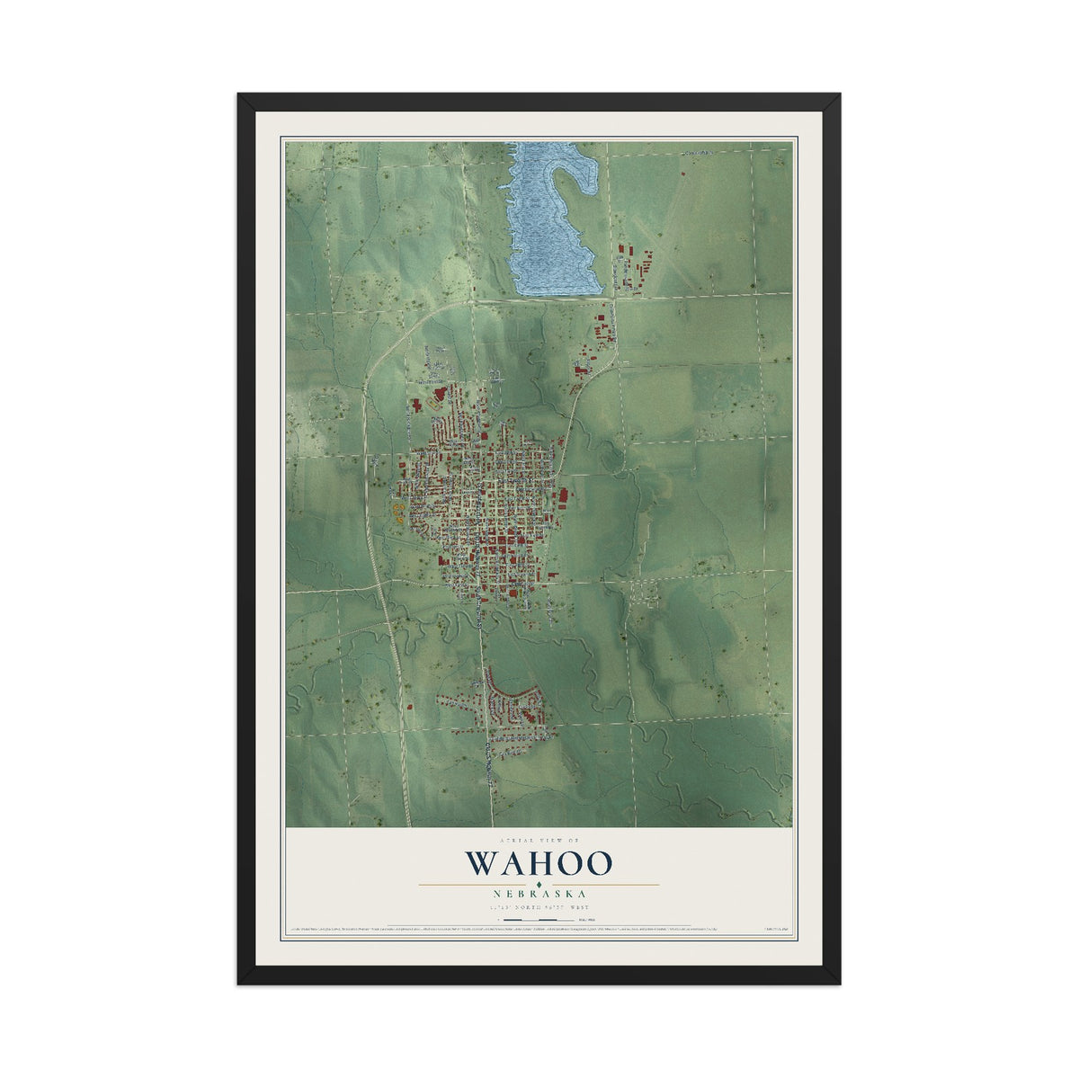 Map of Wahoo, Nebraska, 12 x 18 inch print in a black wood frame