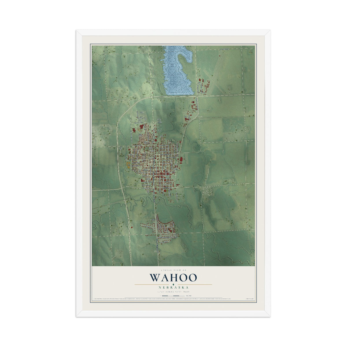Map of Wahoo, Nebraska, 12 x 18 inch print in a white wood frame