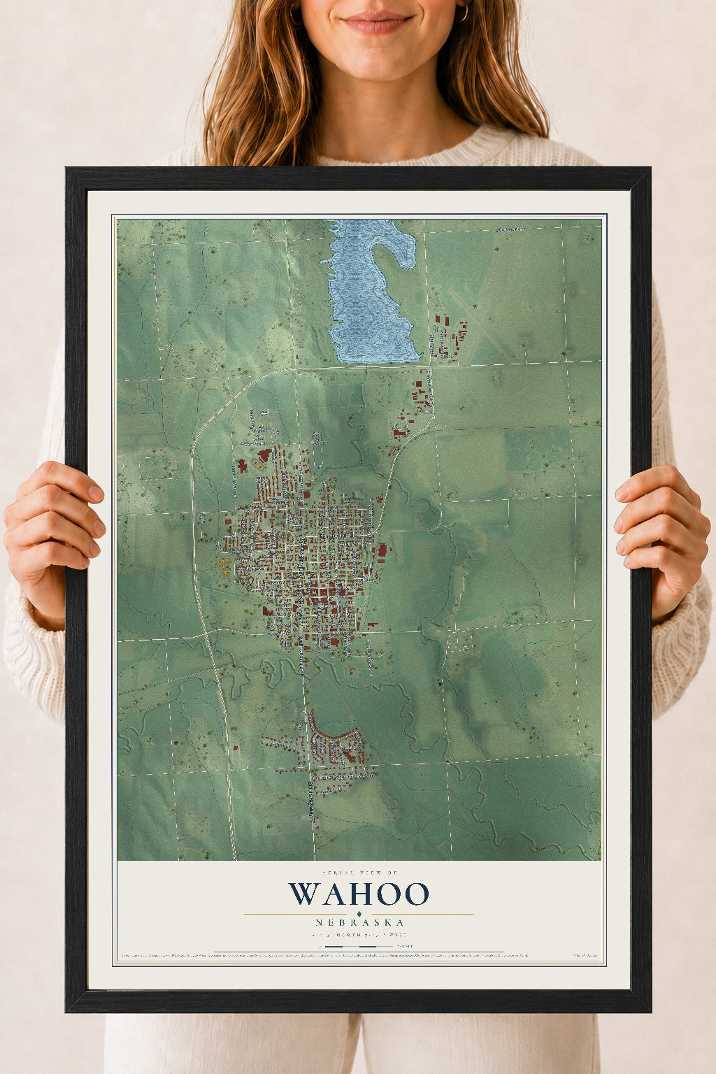 Map of Wahoo, Nebraska, 18 x 24 inch print in a black wood frame