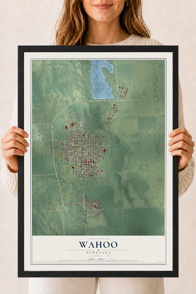 Map of Wahoo, Nebraska, 18 x 24 inch print in a black wood frame